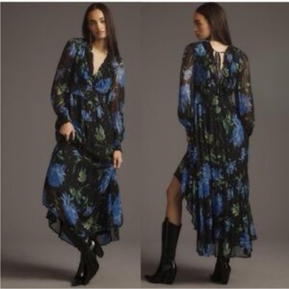 Maeve Black Maxi Dress with Blue & Green Floral Print NWOT